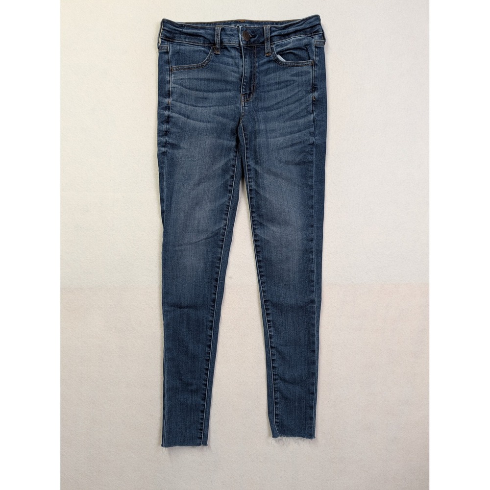 American Eagle Womens Jegging 6 X Long Super Stretch Raw Hem Dark Wash Blue